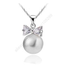 Wholesale Fashion 5pcs/lot  925 Sterling Silver White  Bow Tie Crystal Pearl Pendant Necklaces 18′ 925 Silver Chains Jewlery