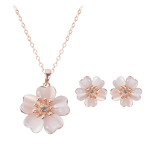 Unique Design Romantic 18K Gold Plated Necklace Sets 2016 Opal Stone Flower Earrings Pendant Jewelry Set For Women Wedding Set