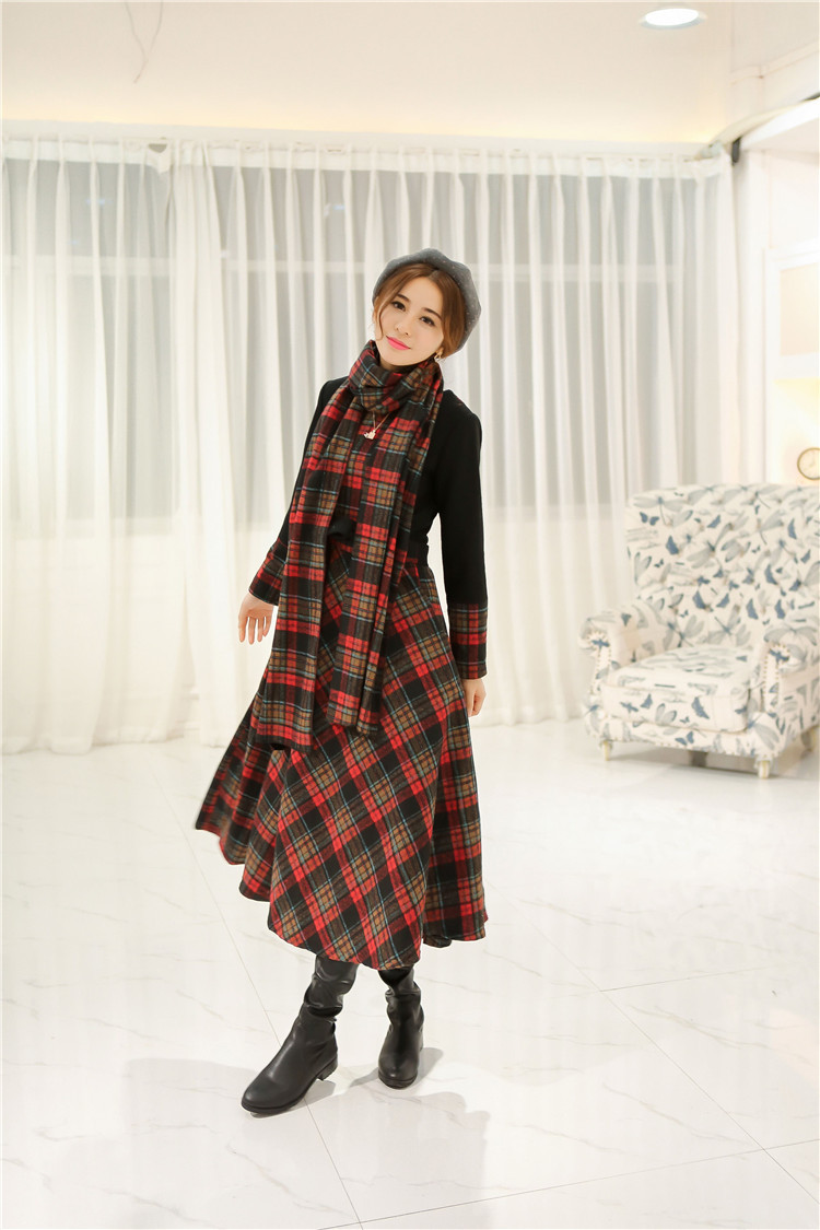 women dress winter dress Slim new winter long section of stitching woolen Scottish font b tartan