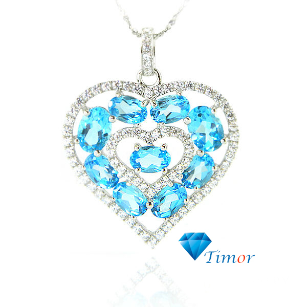 Wholesale Romantic Heart Shiny Fine Jewelry Women Natural Swiss Blue Topaz Necklaces Pendants 925 Sterling Silver Free Shipping