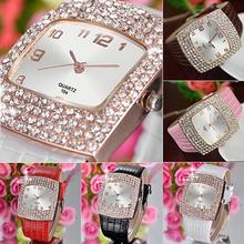 Women s Luxury Square Shiny Crystal Rhinestones Faux Leather Analog Wrist WatchPopular Product 4KPO