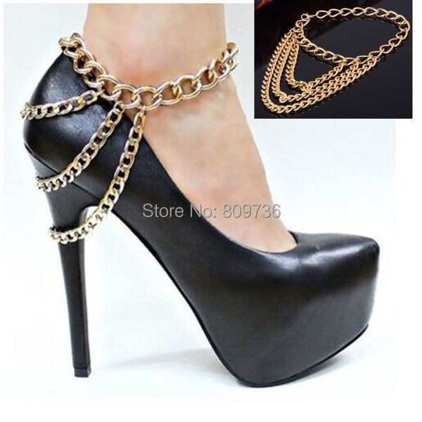 2014 New Sexy Women Gold Tone 3 Row Drapped Ankle Chains Anklet Foot Bracelet Chain For