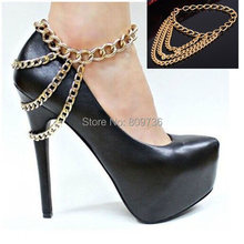 2014 New Sexy Women Gold Tone 3 Row Drapped Ankle Chains Anklet Foot Bracelet Chain For Heel Shoe Jewelry Free