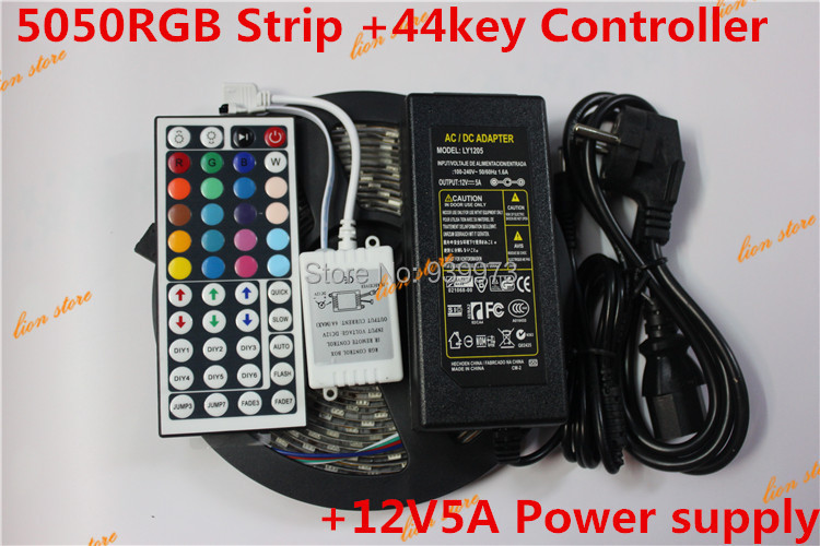 Waterproof 5050 RGB LED Strip 5M 300 Led SMD 44 Keys IR Remote Controller 12V 5A