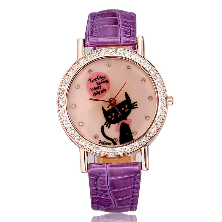 Watches ladies rose gold leather strap crystal rhinestones cute cat fashion casual designer purple women clock
