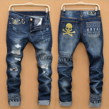 2016 fashion brand men jeans cotton slim skulls pattern luxury quality Straight pop men jeans blue denim trousers denim pants