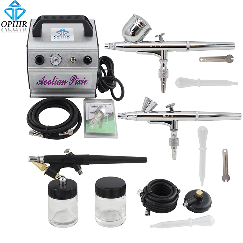 OPHIR Pro 3x Airbrush Kit 0.2mm&0.3mm Dual-Action & 0.8mm Single-Action  & Air Compressor for Nail Art Makeup#AC088+004A+071+073