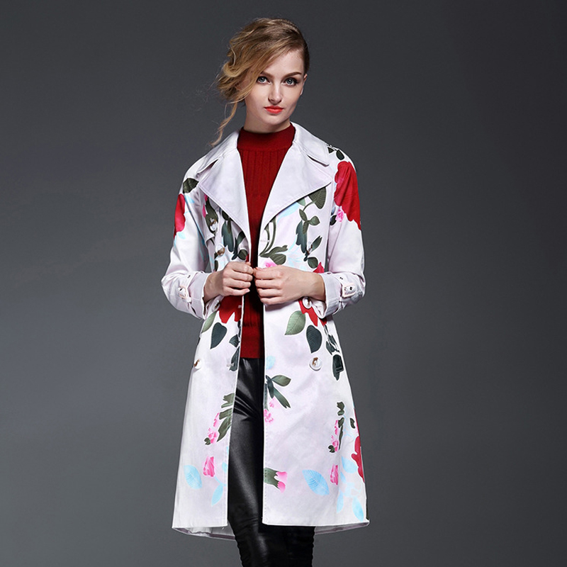 Luxury Brand Fashion Ladies Trench Coat 2015 Fall Winter Women Elegant Double Breasted Floral Print Long Trench Coat Windbreaker
