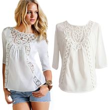 Women Blouse Loose Casual Lace Crochet Chiffon 3/4 Sleeve Shirt White Tops TQ