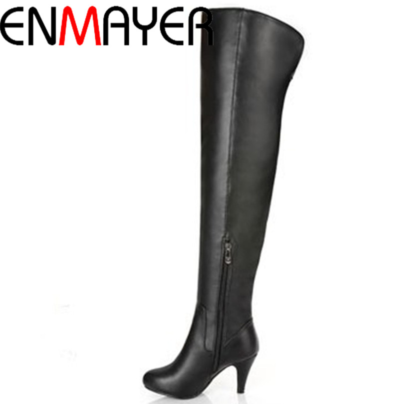 Фотография ENMAYER Size 34-40 Free Shipping Sexy Over-the-Knee Boots High  Leather Black Fashion Winter Keep Warm High Heel Boots for Women