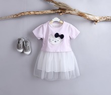 Fashion Summer baby girl clothing set girls cotton casual character cat short Sleeve t shirt + sleeveless dress sets for girls