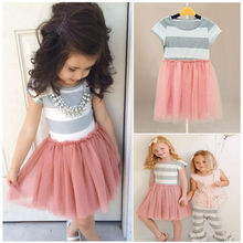 Summer Kids Girls Toddler Baby Princess Short Sleeve Striped Fancy Dress Clothes Free Shipping Drop Shipping