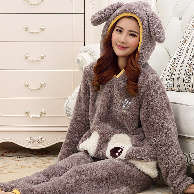 Thickening flannel women's Pajama Sets Character Plush Pullover With A Hood Coral Fleece Sleepwear Women lounge Pajamas