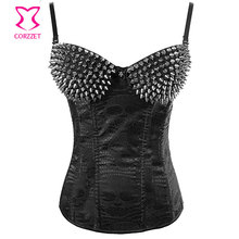 Punk Rave Studded Rivet Gothic Corset Steampnk Clothing Burlesque Black Skull Pattern Net Overlay Push Up Corsets and Bustiers