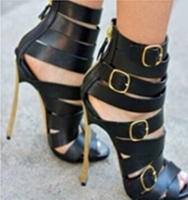 Фотография Summer Style Elegant Ladies black leather buckles strappy open toe sandal boots back zipper gold metal heel ankle sandal booties