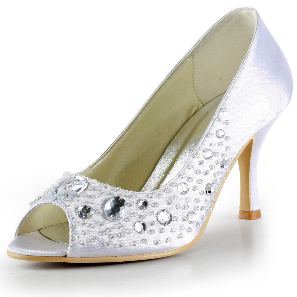 Фотография Elegant Princess Pumps EP2017 Whtie Ivory Peep Toe Beading Satin Size 35-42 Wedding Bridesmaid Women High Heel Shoes