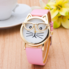 Cat Watch with Glasses Fashion Women Quartz Watches Reloj Mujer 2015 Relogio Feminino Leather Strap New