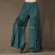 Jiqiuguer Original Brand Plus Size Elastic Waist 100 Linen Appliques Women Palazzo Pants 2015