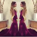 High Neck Mermaid Evening Dresses Gold Appliqued Burgundy Velvet 2017 Sexy Open Back Party Women Gowns