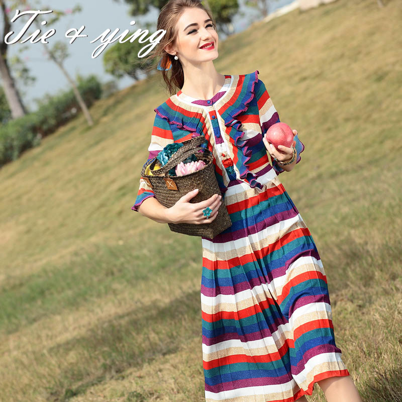 High-end women midi striped dress 2016 spring new arrival American and European fashion runway luxury cute colours dress