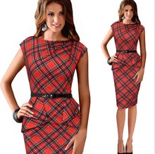 Spring Lady Vintage Tartan Red New Year Fitted Dress O Neck 3/4 Sleeve Belt Peplum Casual Zipper Pencil Dress L105