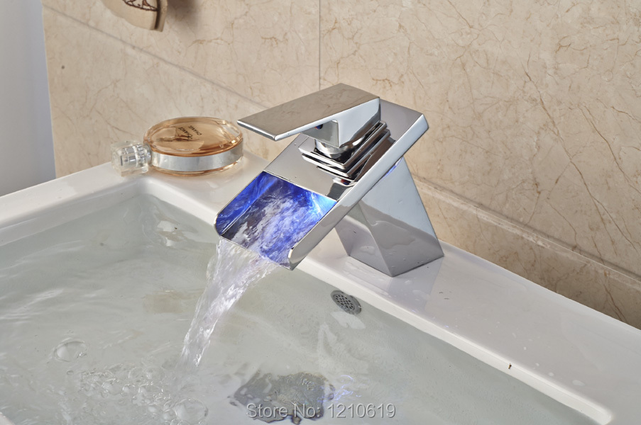 Newly Color Changing LED Waterfall Basin Faucet Chrome Finish Sink Hot&Cold Water Faucet Mixer Tap Single Hole