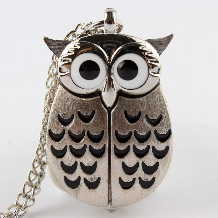 Hot sale Silver Vintage Night Owl Necklace Pendant Quartz Pocket Watch Necklace P26