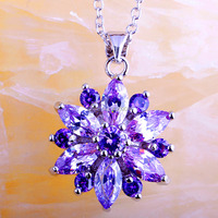 lingmei Free Ship New Fashion Women Tourmaline Amethyst 925 Silver Chain Necklace Pendant Jewelry Wholesale Beauty Flower Design