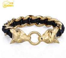 Ethiopian 18K gold twins wolf heads bracelets fashion leather men’s bracelets 316L stainless steel wholesale jewelry gift