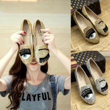 New 2016 Brand Casual Fashion Women Flats Oxford Shoes Loafers Eyes Pattern Sequins Gold Silver Free Shipping Plus Size 35-40