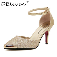 DEleven New Autumn Fashion Mary Janes Women Buckle Strap Metal Pointed Toe Thin High Heels Shoes Gold Wedding Shoes Female Blue