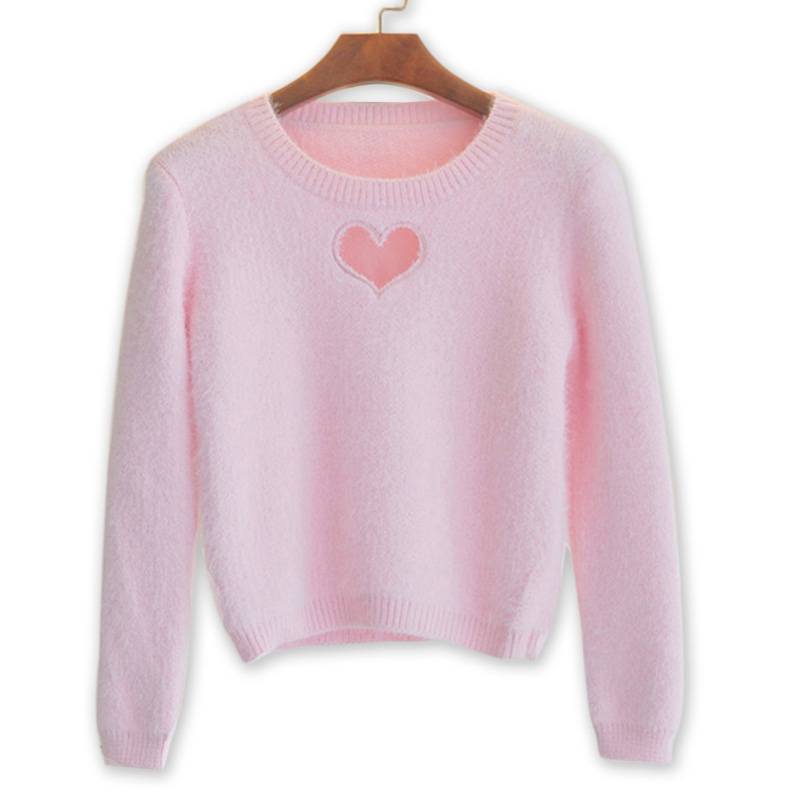 3 Colors Fluffy Hollow out Heart Pattern Knitted Casual Sweater Pullover Fa...