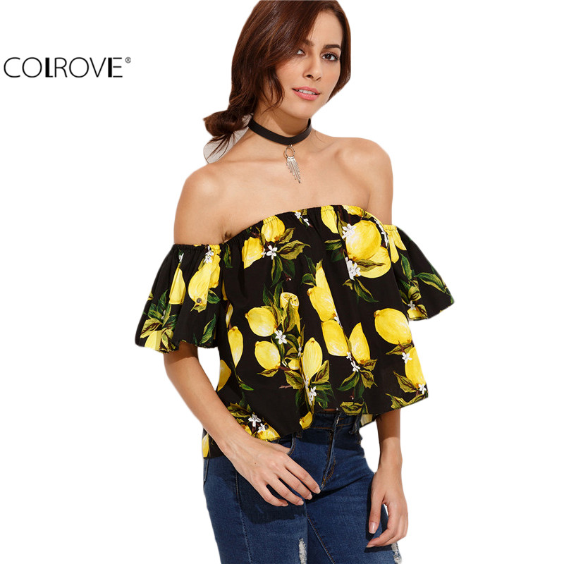 Colrove черный с плеча с коротким рукавом растениеводство рубашка женщин топы мода 2016 новый стиль лимон печати блузка