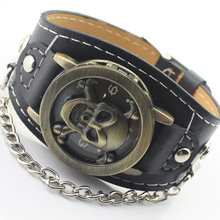 Hot selling fashion punk skull leather strap watch men vintage sport skeleton quartz wrist watch Relogio Masculino clock