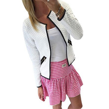 New Brand 2016 Women Short Coat Jacket Long Sleeve Casual Tartan Cardigan White Black Zipper Pockets Slim Suit Outerwears Tops