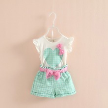 Baby Kids Girls Sleeveless Heart Bow Tops T-Shirt+Plaid Shorts Outfits Children Sets