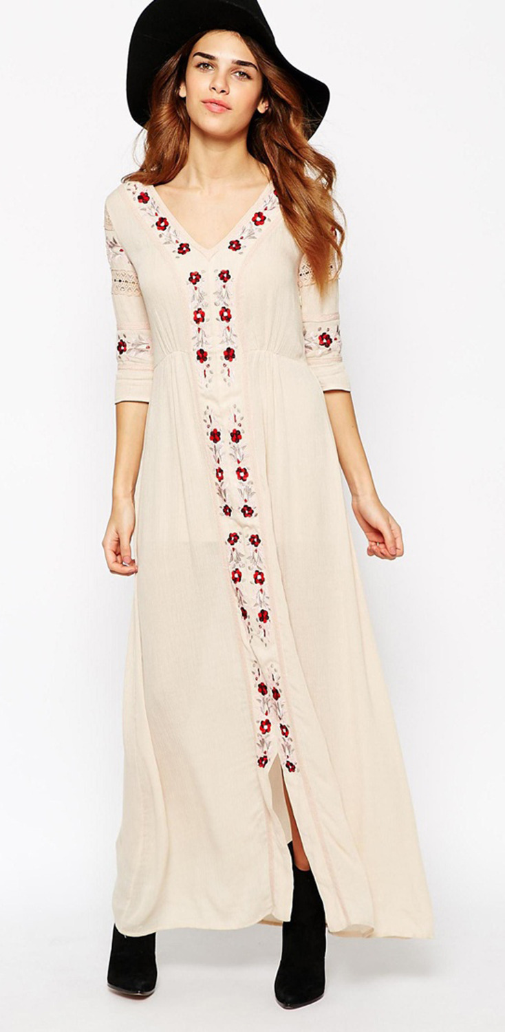 Free shipping Women Vintage Winter Flower Embroidered Cotton Linen Tunic Casual Long Dress Hippie Boho People V-neck Split 2015