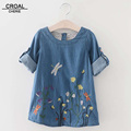 100 140cm Girls Dress Dragonfly Embroidery Dress Kids Summer Denim Long Sleeves Girls Casual Dress Children
