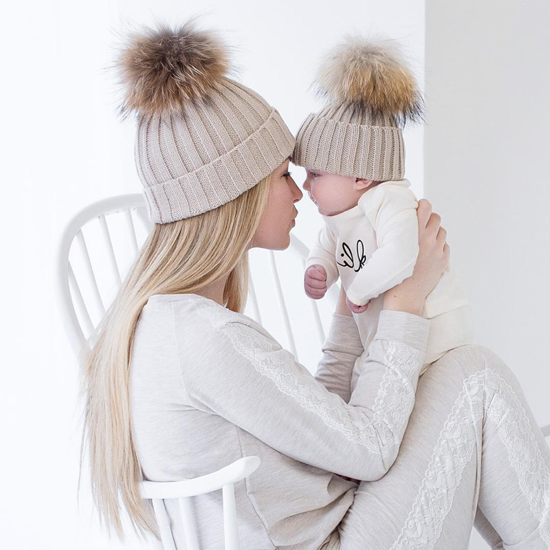 Hot Women Kids Baby Mom Warm Winter Knit Beanie Fur Pompom Hat Crochet Ski Cap 