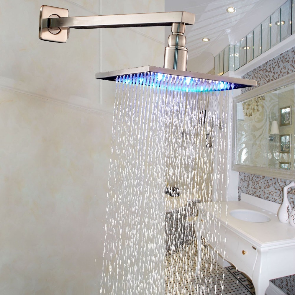 Bathroom Wall Mount Shower Arm with LED Light 12 Inch Rainfall Shower Head Spray Brushed Nickel