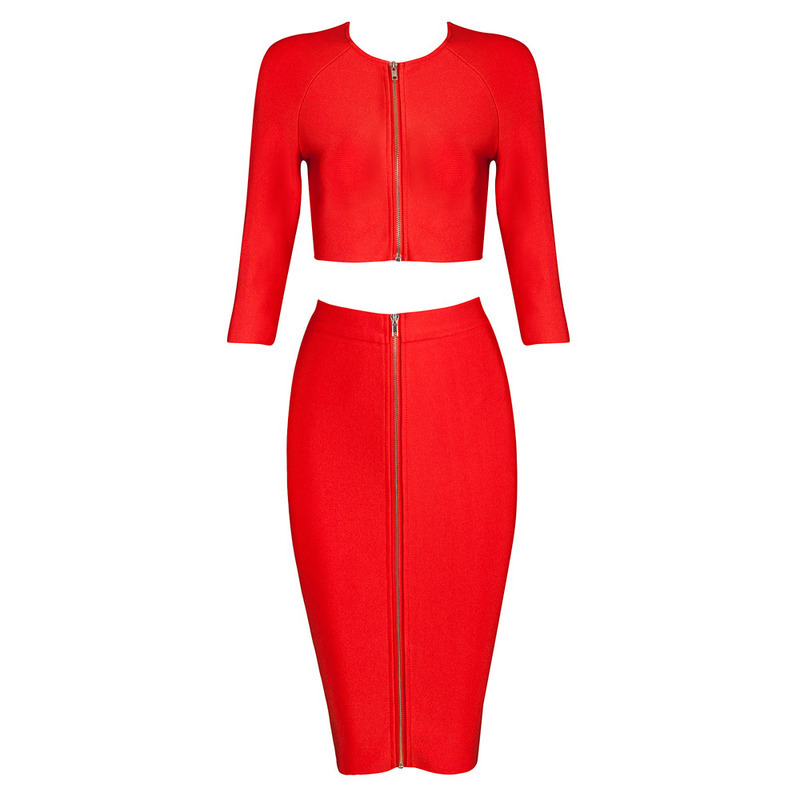 Free shipping Autumn And Winter New Dress Red long-sleeved Tight Two Piece Set Cocktail party Bandage dress (H0665)
