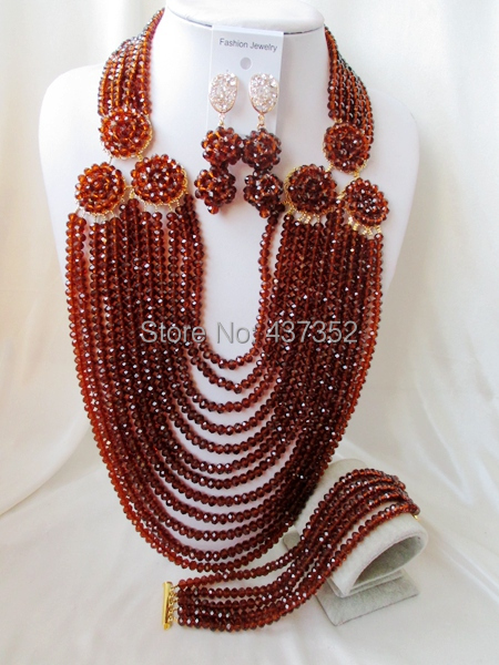 2015 New Fashion! Brown crystal beads necklaces costume nigerian wedding african beads jewelry sets NC2214