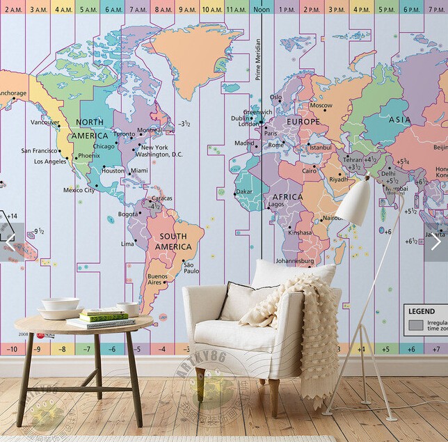 Custom Photo Wallpaper World Time Zone Map 3d Wallpaper For Living