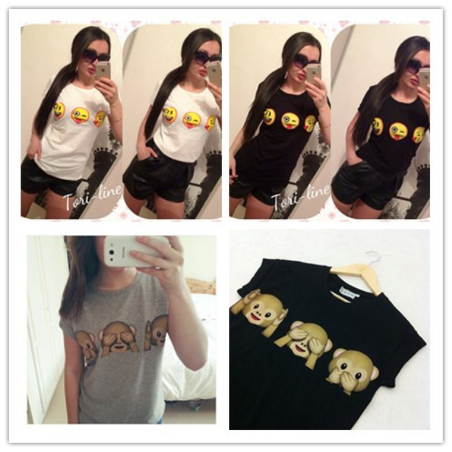 Women T shirt 3D Emoji Tops Fashion 2015 Printed Black White Tees Woman European Style Summer