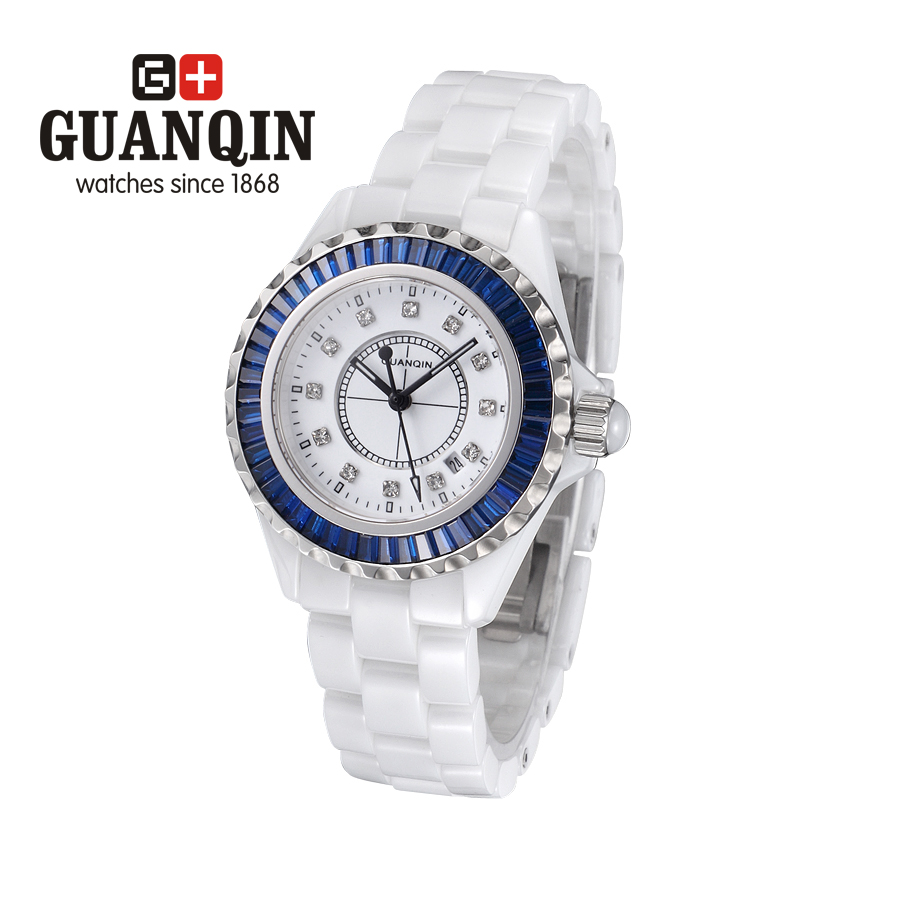 Фотография factory outlet GUANQIN J12 series Luxury Brand Women watches ladies white ceramic Diamonds watch blue H3421 relogio feminino