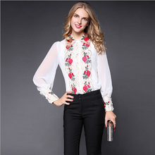 New arrival 2016 Autumn Peter pan collar SILK blouse, Women’s long sleeve embroidery top blouses, white black women shirts