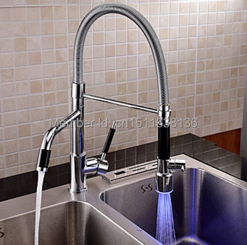 Deck Mounted LED Chrome Brass Kitchen Faucet Dual Spouts Sink Mixer Tap