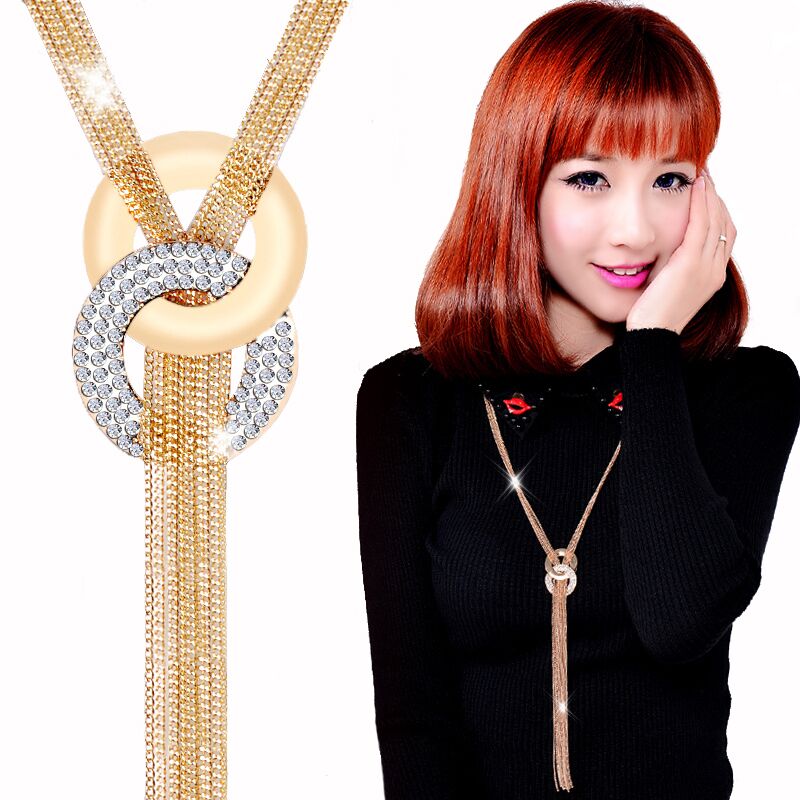 New Arrival Long Necklaces Gold Tassel Necklace Trendy Zinc Alloy Statement Necklace Rhinestone Necklaces For Women