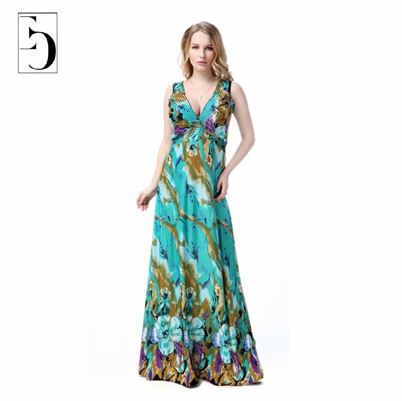 Women Plus Size Dresses Bohemian Fashion V Neck Hollow Out High Waist Sleeveless Print Dress Summer Beach Maxi Boho Dress 7XL