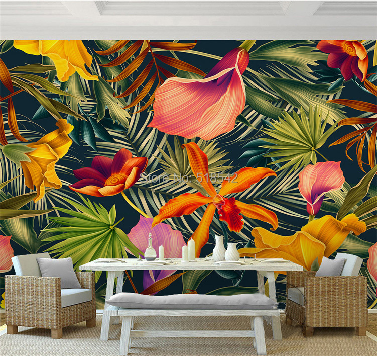Mural de pared personalizado, planta de Selva, flores tropicales, hojas